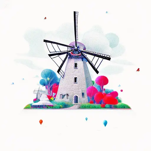 A whimsical windmill surrounded by rolling hills and emitting dopamine molecules tattoo design idea