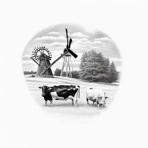 A realistic depiction of a serene countryside with a windmill and cows grazing on the hills tattoo design idea
