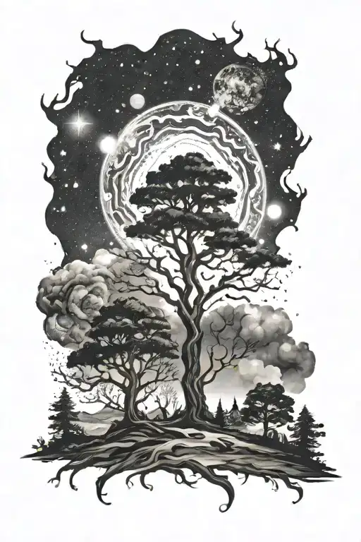 yggdrassil milky way family shadow tattoo design idea