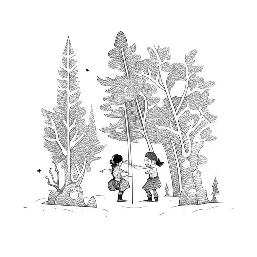 A whimsical scene of kids playing in a mystical forest filled with magical creatures tattoo design idea
