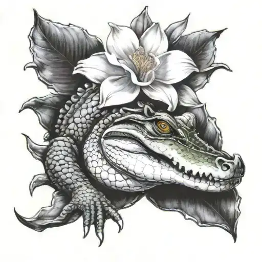 alligator head and magnolia flower blooming tattoo design idea