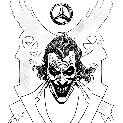A gothic-inspired joker face with a Mercedes emblem as the joker's hat, symbolizing the client's love for goth and cars. tattoo design idea