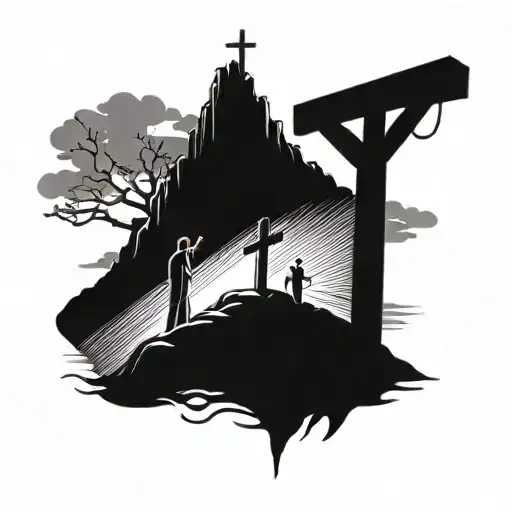 3 cross on a hill where jesus died with a man knelling at the foot of the cross praying  tattoo design idea