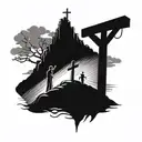 3 cross on a hill where jesus died with a man knelling at the foot of the cross praying  tattoo design idea