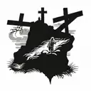 3 cross on a hill where jesus died with a man knelling at the foot of the cross praying  tattoo design idea