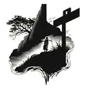 3 cross on a hill where jesus died with a man knelling at the foot of the cross praying  tattoo design idea