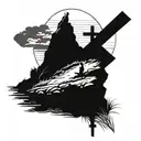 3 cross on a hill where jesus died with a man knelling at the foot of the cross praying  tattoo design idea