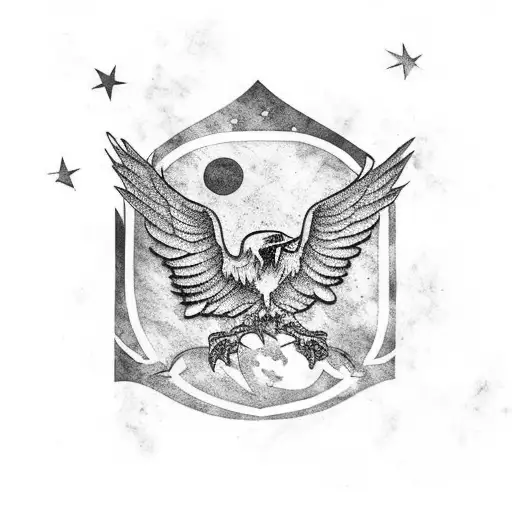 half sleeve with maryland flag, raven, constellations, globe tattoo design idea