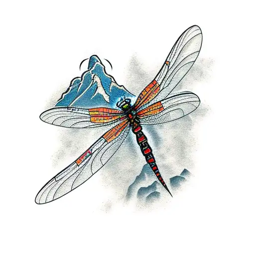 full arm Mountain scene river bear firepit dragonfly tattoo design idea