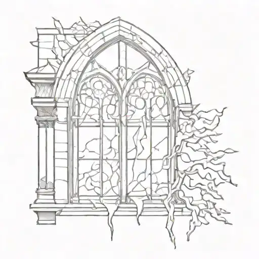 gothic window showing a lightning bolt outside  tattoo design idea