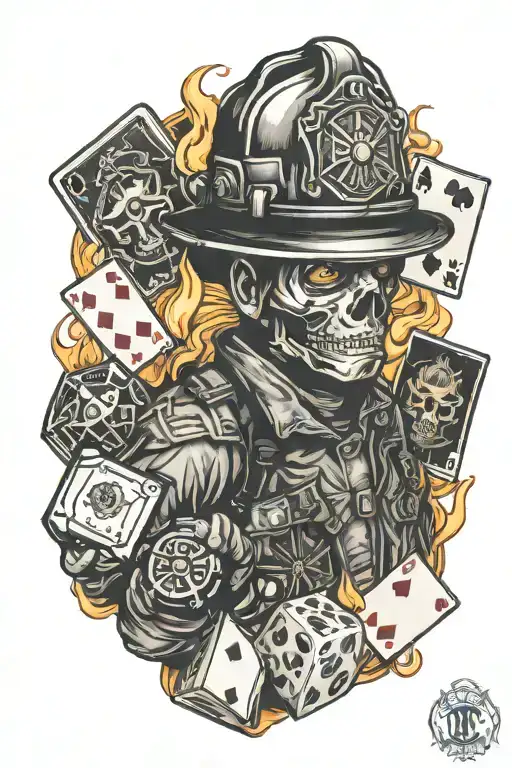firefighter, dice and cards, memorial tattoo design idea