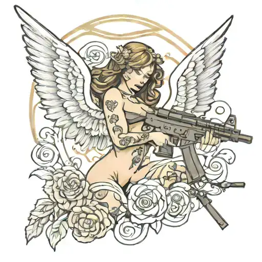 nude female angel ar 15 rifle tattoo design idea