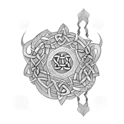 A celtic band with sakura blossom and burmese pagoda  tattoo design idea