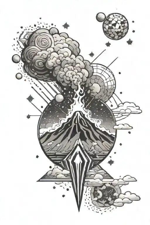 an erupting volcano with a space background with galaxies planets and stars in a geometric design tattoo design idea
