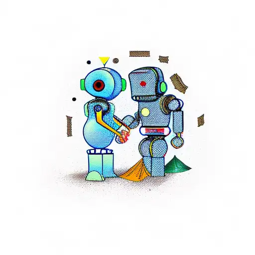handshake between human and robot trash polka tattoo design idea