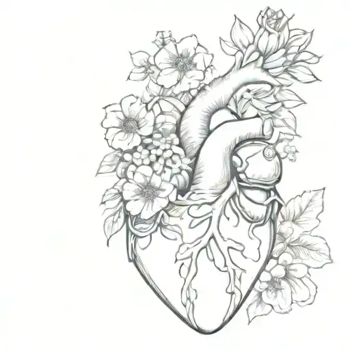 anatomical heart with flowers tattoo design idea