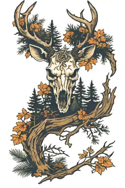 overgrown deer skull in a pine forest scene tattoo design idea