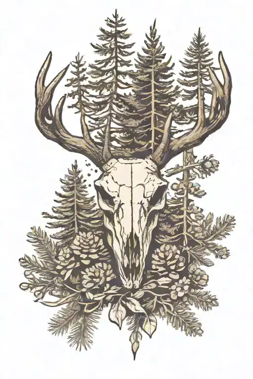 deer skull with pine trees around it tattoo design idea