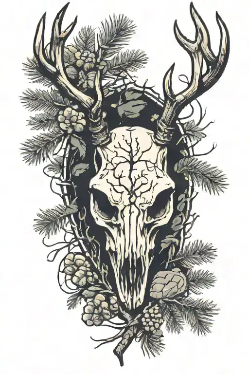 deer skull with pine trees and rocks around it tattoo design idea