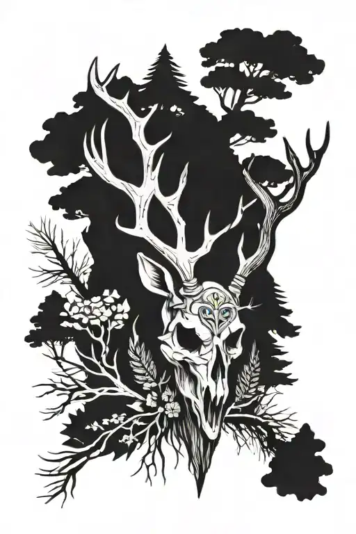 deer skull with pine trees around it tattoo design idea