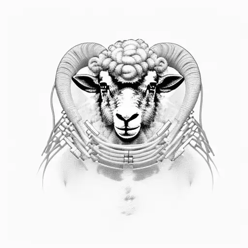 a sheep embodying an electrician persona, holding wires in its mouth tattoo design idea