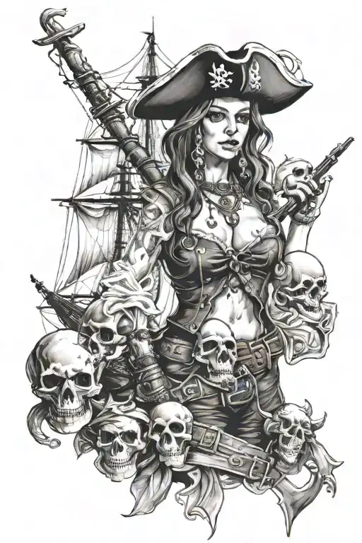 women pirate with pirate ship and skulls tattoo design idea