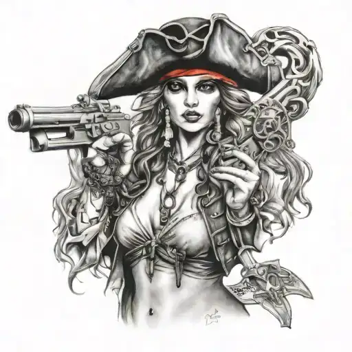 hot women pirate with guns tattoo design idea