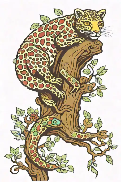 psychedelic pattern leopard chameleon climbing tree trunk tattoo design idea