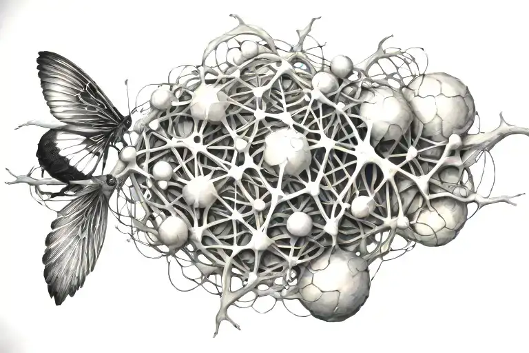 maths, physics, meaning of life, mycelial network connections intertwined tattoo design idea