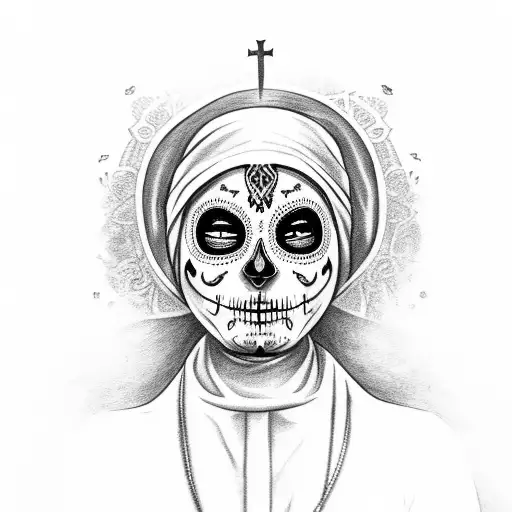 nun with day of the dead face praying hands with black smoke coming from hands tattoo design idea