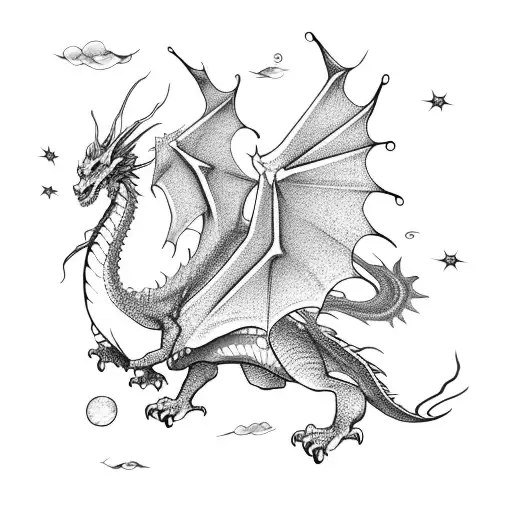 A majestic dragon soaring through the night sky, with its scales shimmering in shades of dark chocolate tattoo design idea