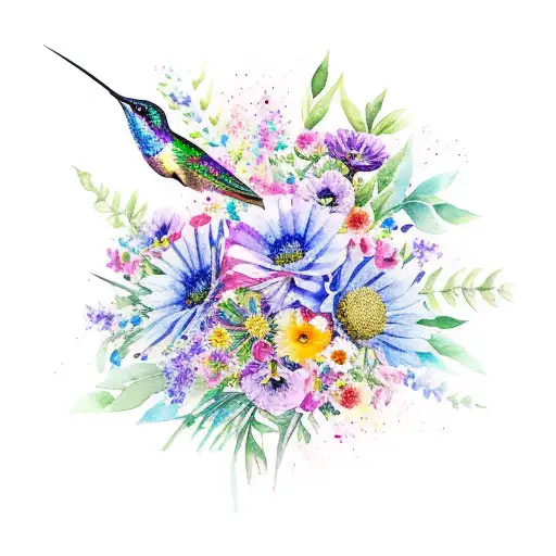 A vibrant watercolor bouquet of flowers with a hidden hummingbird nestled among the petals tattoo design idea