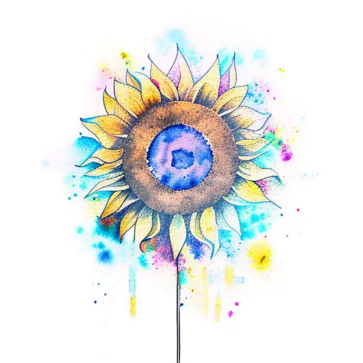 An abstract watercolor tattoo of a sunflower with bold, overlapping brushstrokes tattoo design idea