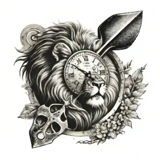 Lion head, clock, shovel pouring dirt tattoo design idea