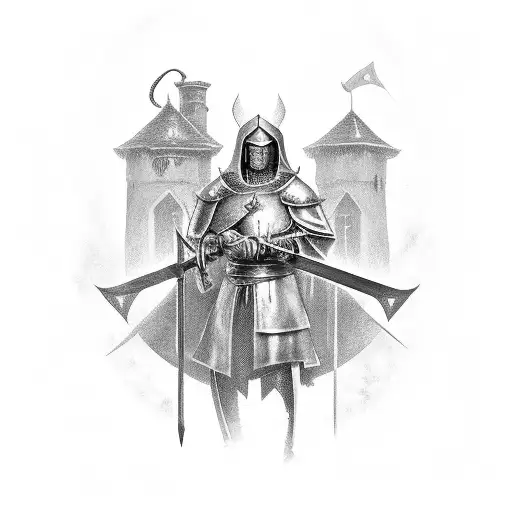 Crusader with swords in hand and house in the background tattoo design idea