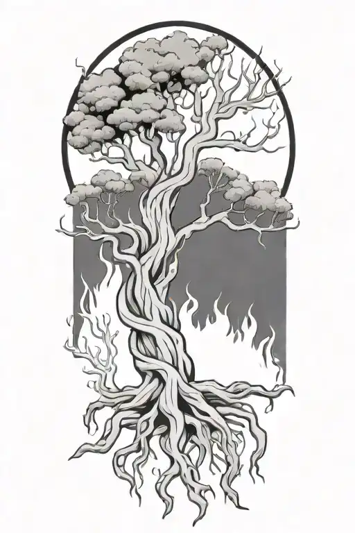 twisted tree with sprawling branches on fire flames and roots  tattoo design idea