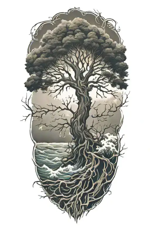 tree of life with roots surrounded by violent stormy seas and skies and wind tattoo design idea