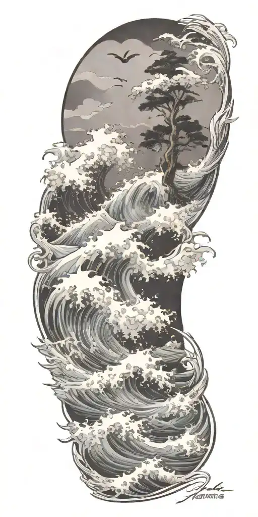 stormy seas surrounding tree w aves crashing waves  tattoo design idea