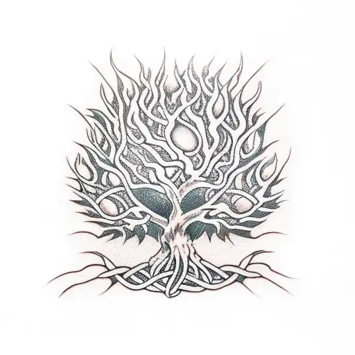 Twisted Trunch Tree with deep celtic knot roots surrounded by flames + branches protecting flowers growing under the tre tattoo design idea