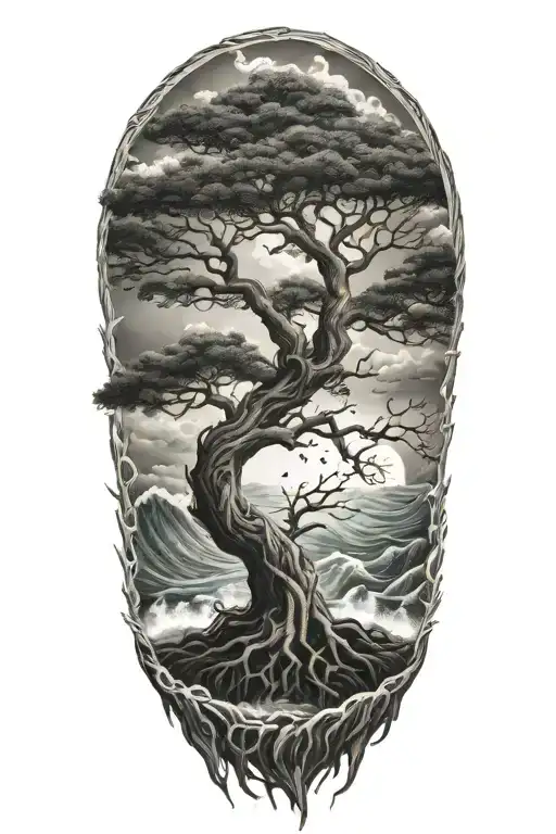 tree of life with deep roots surrounded by violent stormy seas and skies and wind waves crashing tattoo design idea