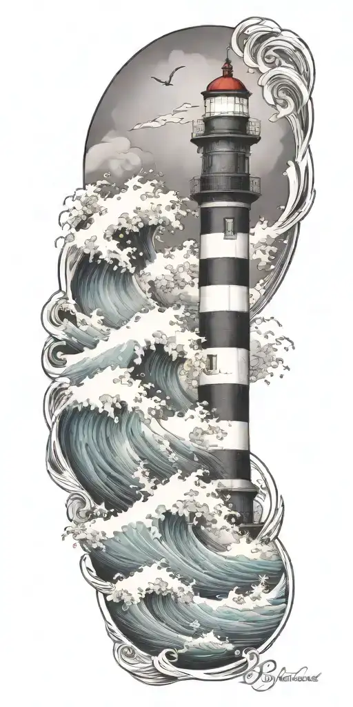 stormy seas surrounding lighthouse waves crashing  tattoo design idea