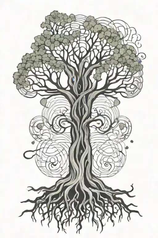 tree with intertwinef trunk and  kidney shaped roots spreading   tattoo design idea