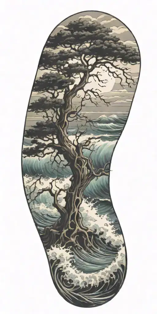 stormy seas surrounding tall tree winding trunk waves crashing tattoo design idea