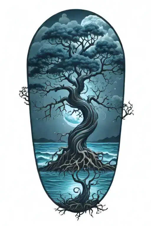 tree of life with deep roots surrounded by violent stormy seas and skies and wind tattoo design idea