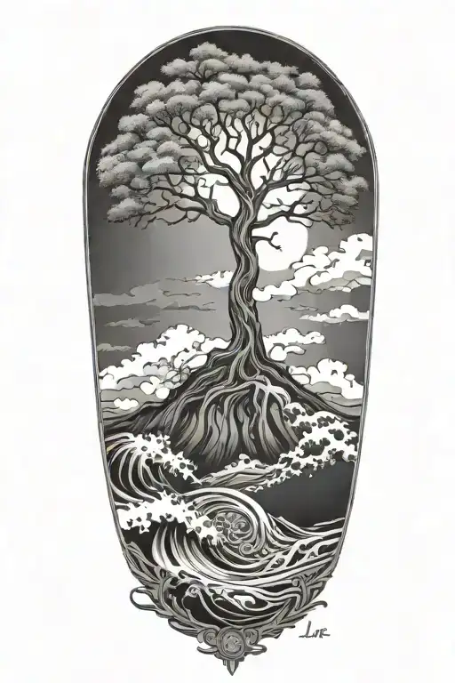 tree of life surrounded by stormy seas tattoo design idea