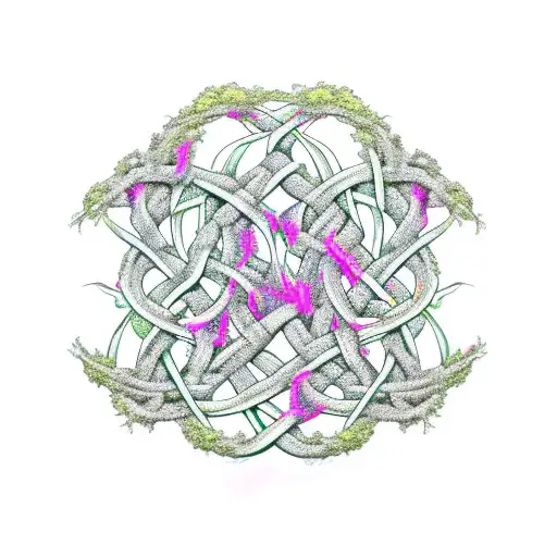 Twisted Trunch Tree with deep celtic knot roots surrounded by flames + branches protecting flowers growing under the tre tattoo design idea