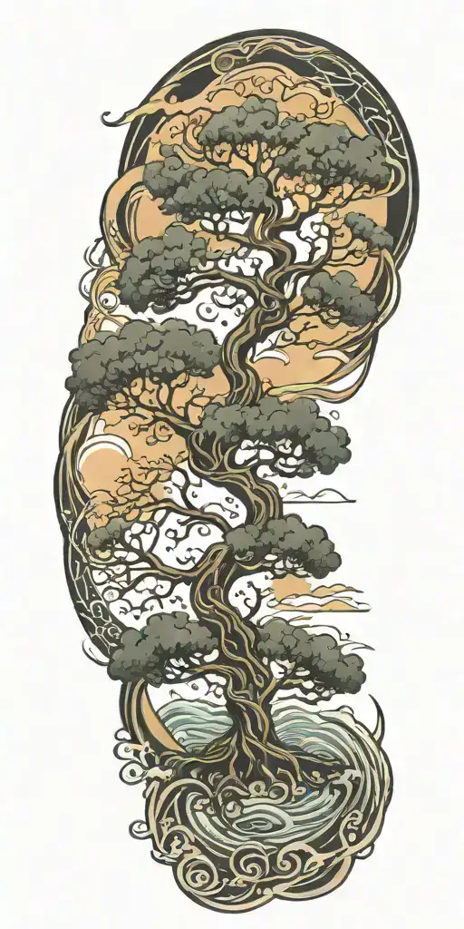 tree of life with deep roots surrounded by violent stormy seas and skies and wind tattoo design idea