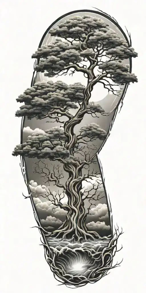 tree of life with deep roots surrounded by violent stormy seas and skies and wind tattoo design idea