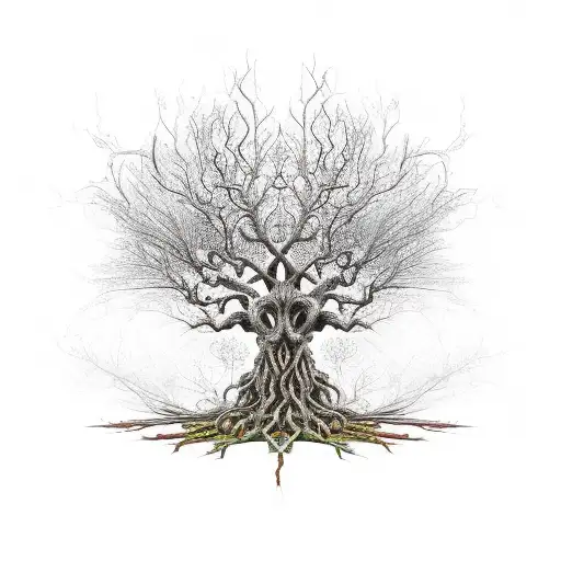Twisted Trunch Tree with deep celtic knot roots surrounded by flames + branches protecting flowers growing under the tre tattoo design idea