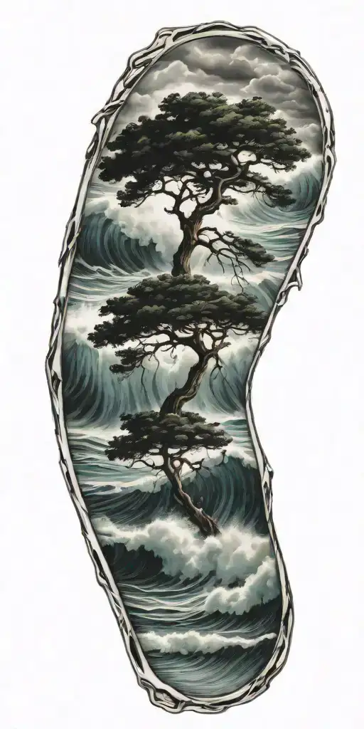 tree reflected in big stormy waves crashing in the background tattoo design idea